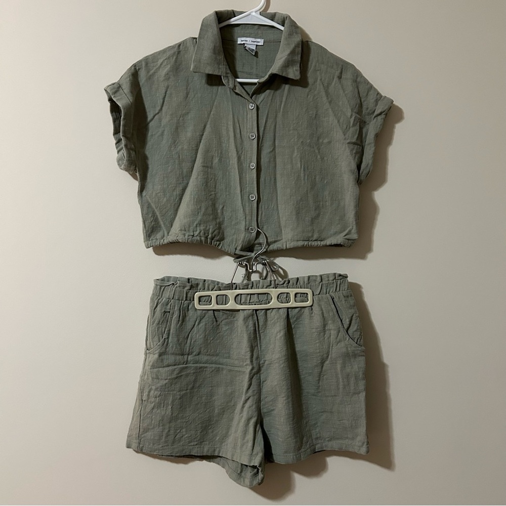 Olive Green Button Down Shirt & Shorts Two-Piece Set